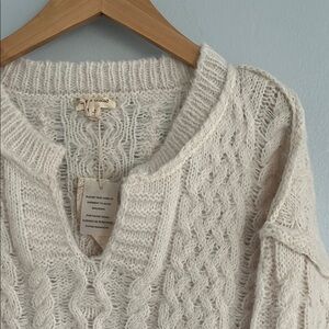 Cream Cable Knit Split Neck Sweater